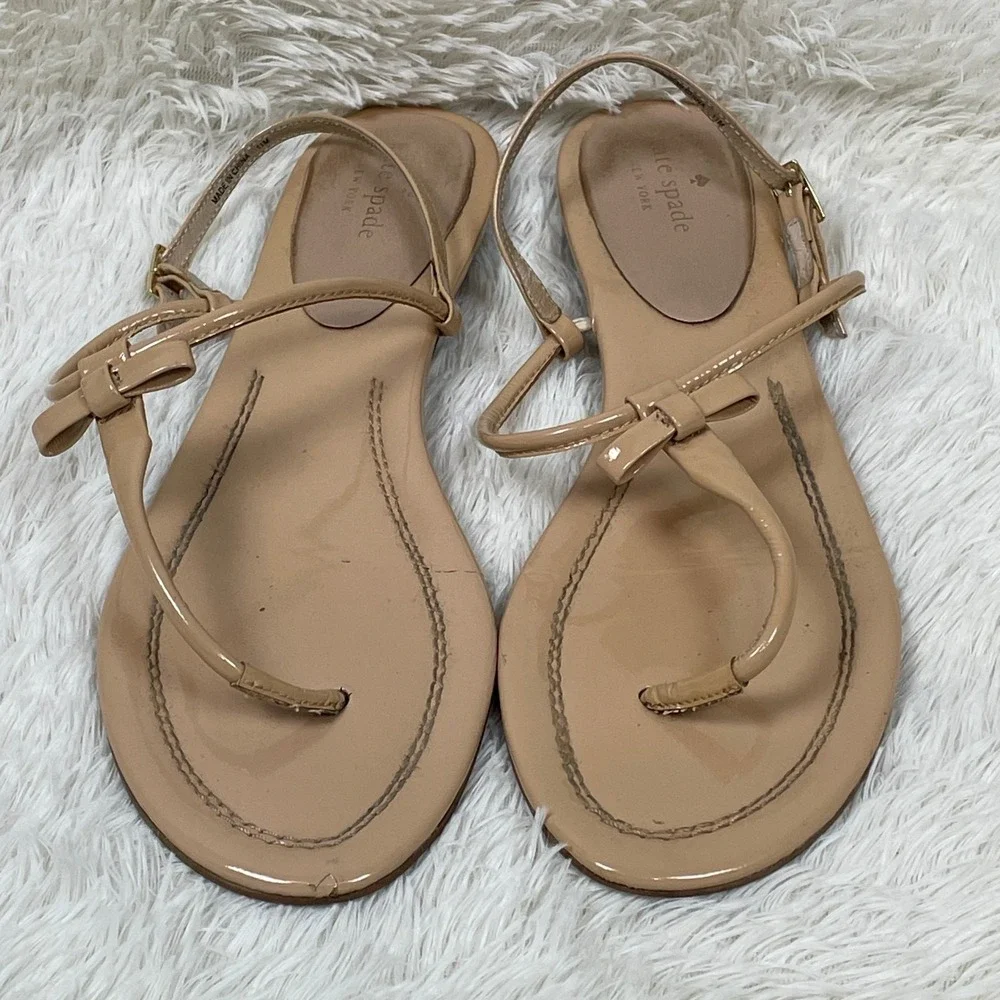 Kate Spade Bow T Strap Sandals Womens Size 11 Beige Flats Shoes Feminine Neutral